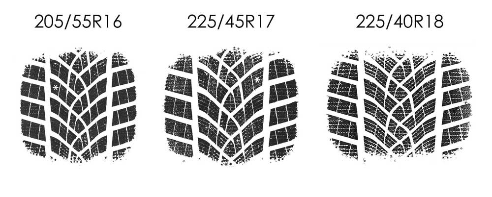 16, 17 und 18 Zoll Winterreifen Fußabdrücke